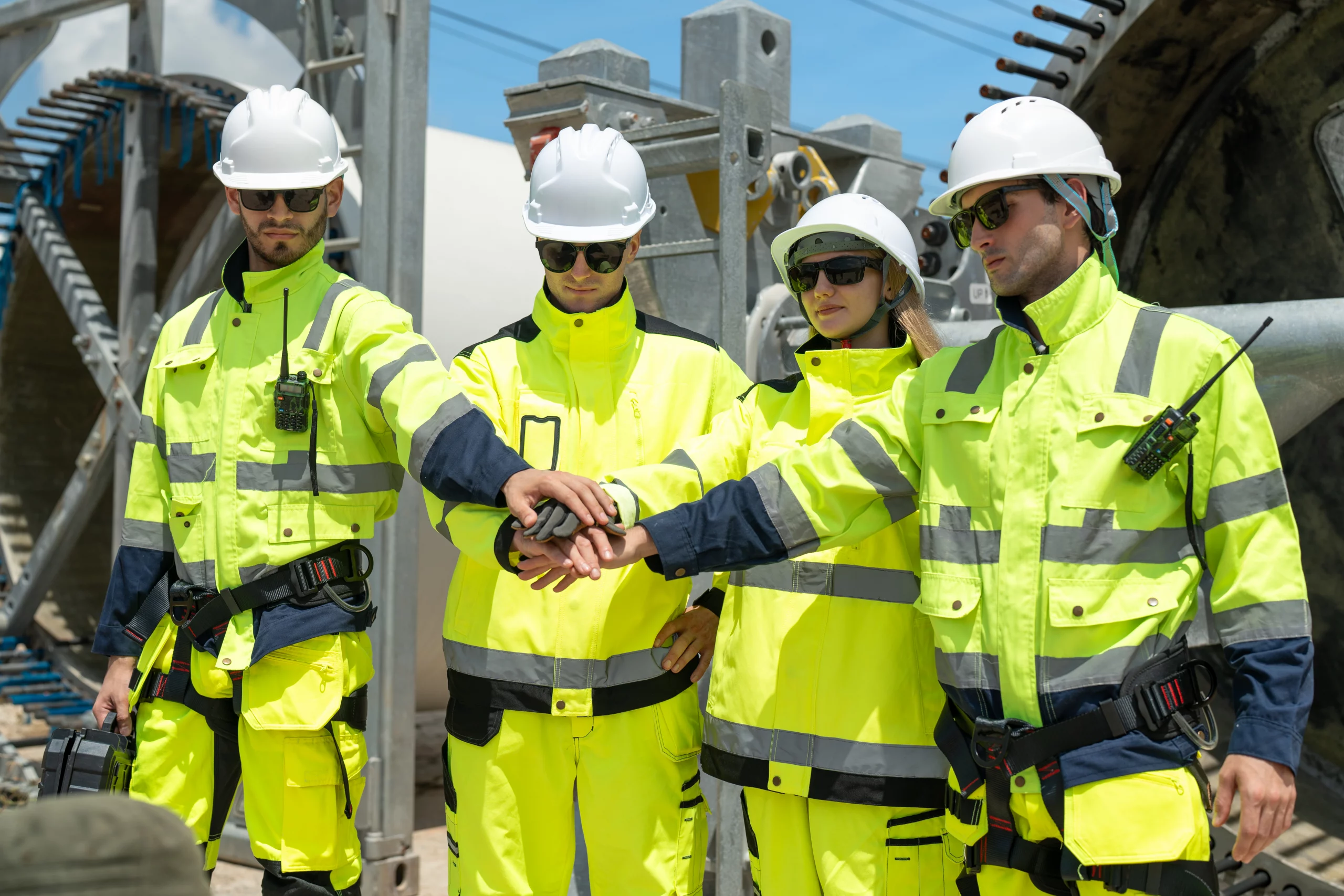 Group of engineers windmill team in uniform with helmet safety join hands to work success after inspection and maintenance of wind turbine in wind farms to generate electrical energy